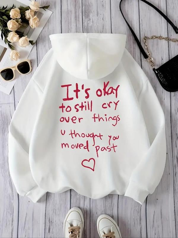 Women'WB shield Letter & Heart Print Drop Shoulder Hoodie, Fashion Casual Drawstring Pocket Hooded Sweatshirt for Daily Holiday Outdoor Wear, Women Clothing for Fall & Winter style 07