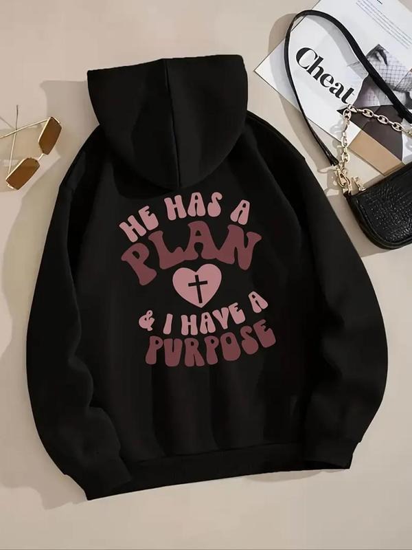 Women'WB shield Letter & Heart Print Drop Shoulder Hoodie, Fashion Casual Drawstring Pocket Hooded Sweatshirt for Daily...