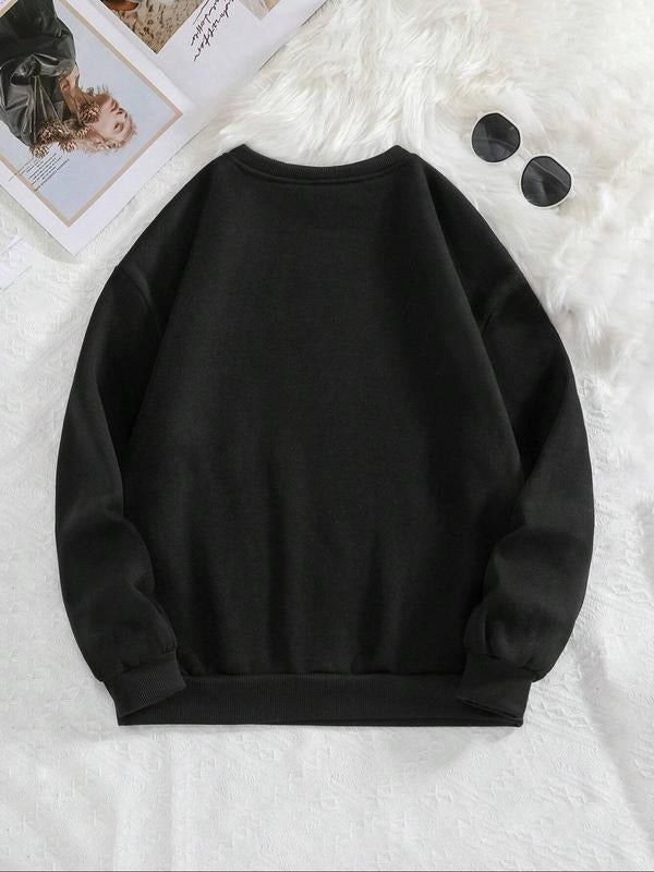 Women'WB shield Letter & Heart Print Drop Shoulder Pullover, Casual Long Sleeve Crew Neck Sweatshirt for Fall & Winter,...