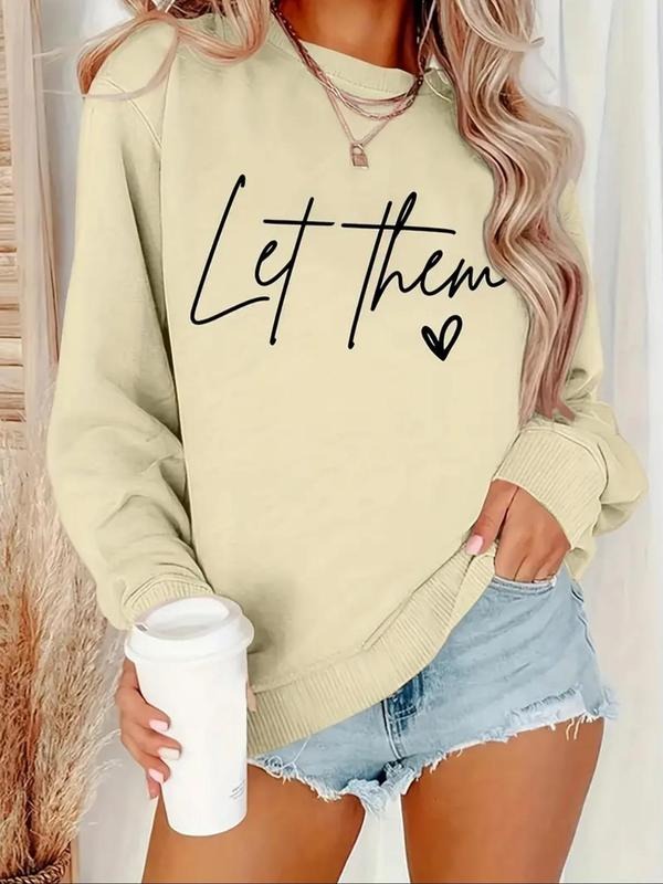 Women'WB shield Letter & Heart Print Drop Shoulder Sweatshirt, Casual Long Sleeve Round Neck Pullover for Fall & Winter,...