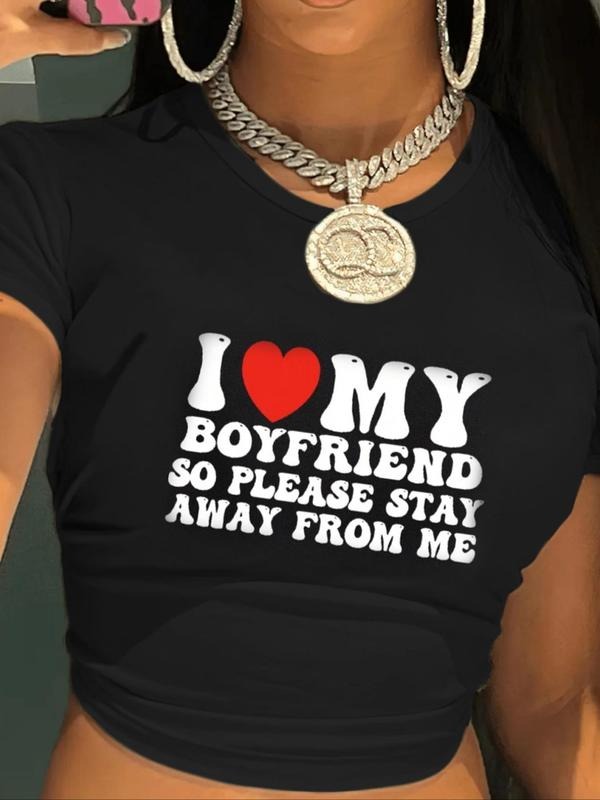 Women'WB shield Letter & Heart Print Round Neck Crop Tee, Casual Crew Neck Short Sleeve T-shirt, Ladies Summer TNF...