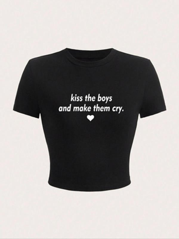 Women'WB shield Letter & Heart Print Round Neck Crop Tee, Casual Short Sleeve Crew Neck T-Shirt for Summer, Fashion...