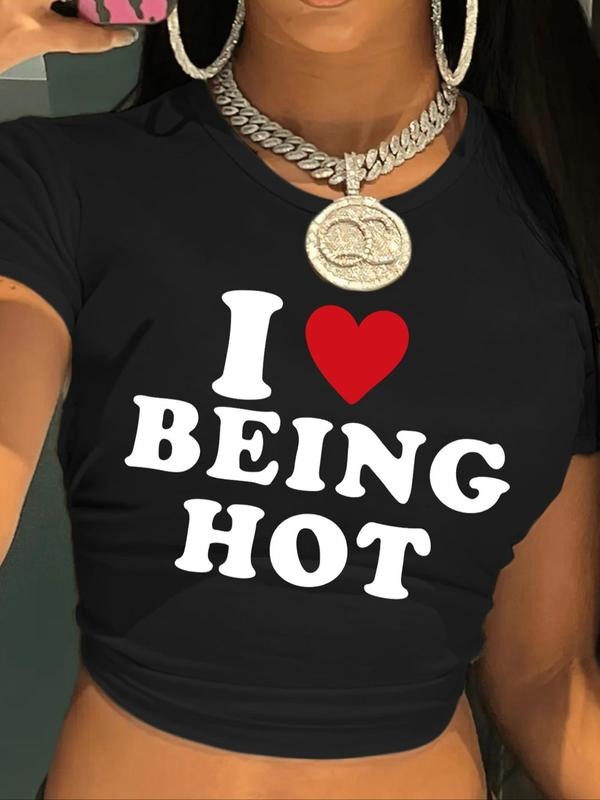 Women'WB shield Letter & Heart Print Round Neck Crop Tee, Casual Short Sleeve Crew Neck T-shirt for Summer, Fashion...