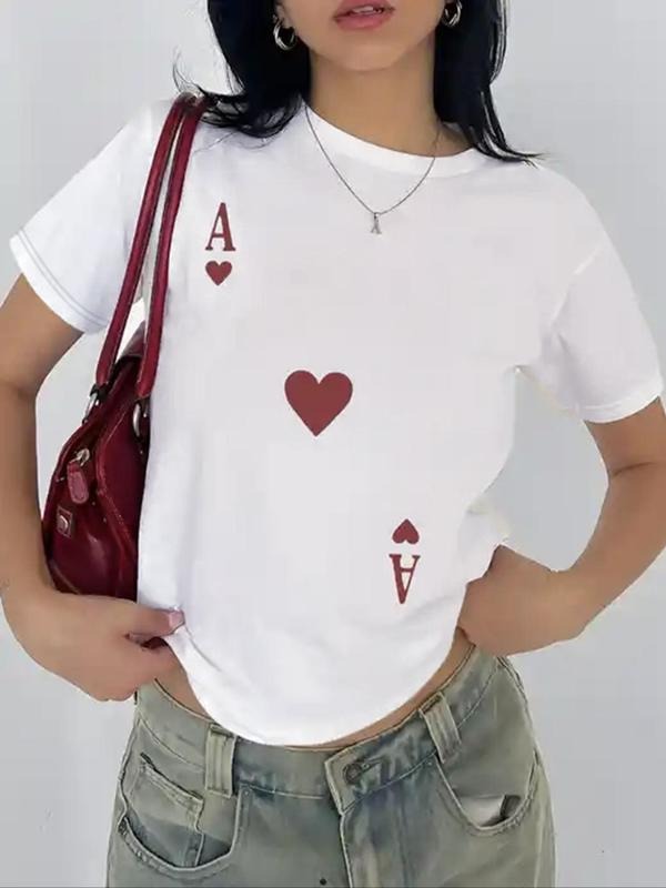 Women'WB shield Letter & Heart Print Round Neck Tee, Casual Crew Neck Short Sleeve T-shirt, Ladies Summer Outfit Hoodie,...