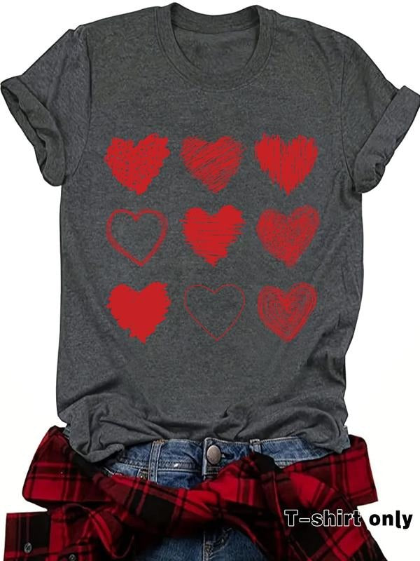 Women'WB shield Letter & Heart Print Round Neck Tee, Casual Short Sleeve Crew Neck T-shirt for Spring, Fashion Women'WB...