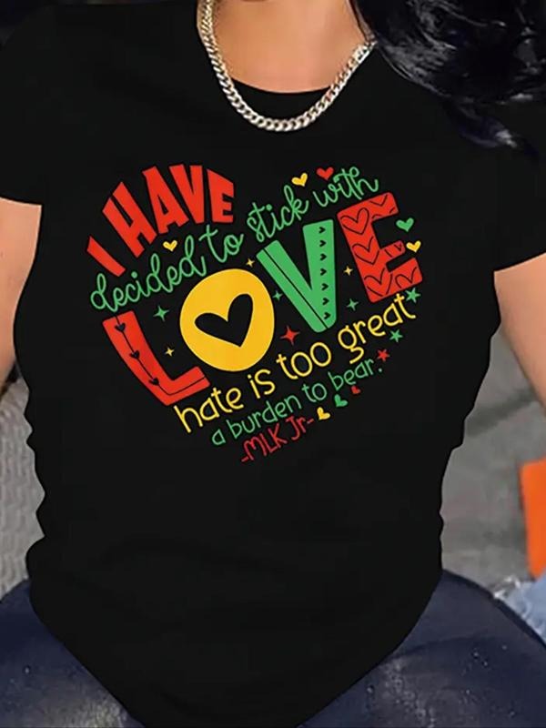 Women'WB shield Letter & Heart Print Round Neck Tee, Fashion Casual Crew Neck T-shirt for Daily Holiday Vacation Outdoor...