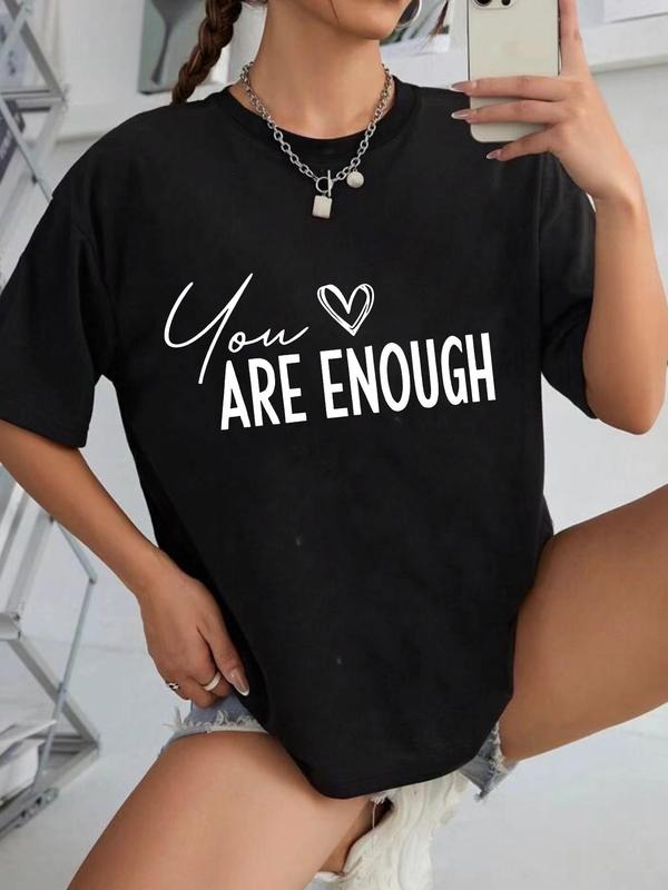 Women'WB shield Letter & Heart Print Round Neck Tee, Fashion Trendy Casual Drop Shoulder Short Sleeve T-Shirt for Daily...