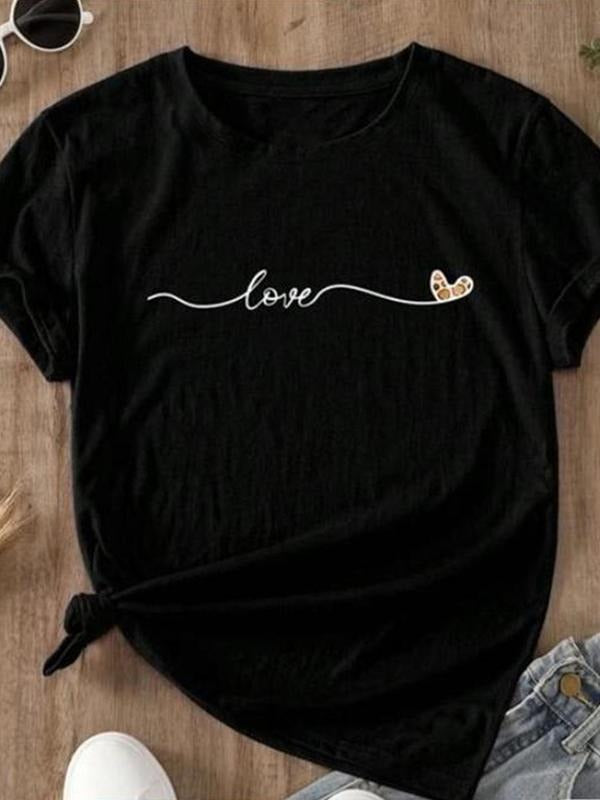 Women'WB shield Letter & Heart Print Round Neck Tee, Trendy Casual Short Sleeve Crew Neck T-shirt for Daily Wear, Ladies...