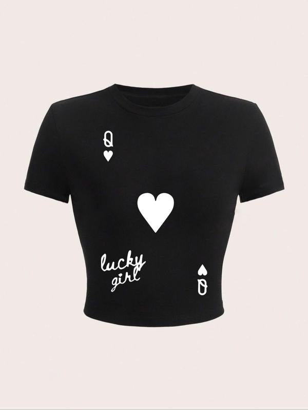 Women'WB shield Letter & Heart Print Short Sleeve Crop Tee, Street Fashion Casual Playing Card Print Round Neck T-Shirt...