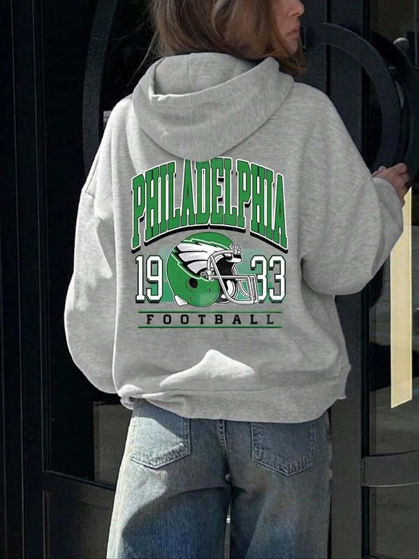 Women'WB shield Letter & Helmet Print Pocket Hoodie, Casual Long Sleeve Hoodies for Daily Holiday Outdoor Wear, Women'WB shield Clothing for Fall & Winter style 02