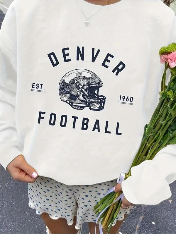 Women'WB shield Letter & Helmet Print Round Neck Sweatshirt, Casual Long Sleeve Crew Neck Pullover for Fall & Winter,...
