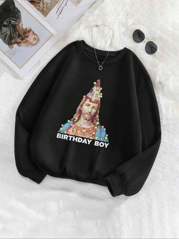 Women'WB shield Letter & Jesus Print Drop Shoulder Sweatshirt, Casual Long Sleeve Round Neck Pullover for Fall & Winter,...