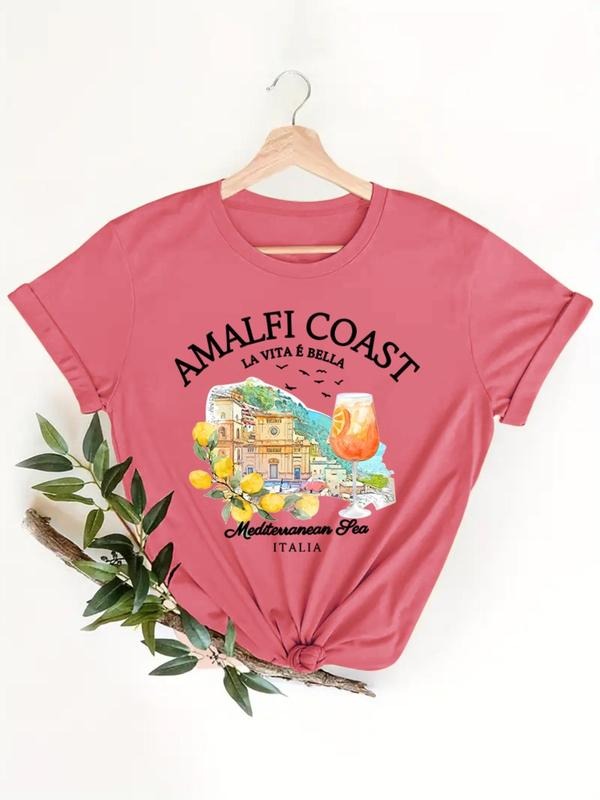 Women'WB shield Letter & Landscape Print Round Neck Graphic Tee, Vintage Trendy Casual Short Sleeve T-shirt for Daily...