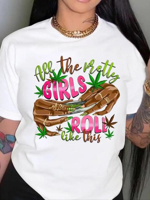 Women'WB shield Letter & Leaf Print Tee, Fashion Casual Crew Neck T-shirt for Daily Holiday Vacation Outdoor Wear, Ladies...