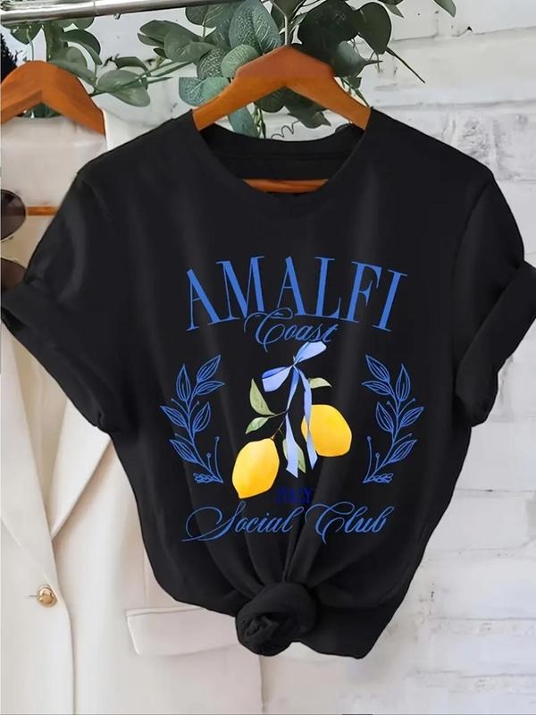 Women'WB shield Letter & Lemon Print Round Neck Tee, Casual Short Sleeve Crew Neck T-Shirt for Summer, Fashion Women'WB...