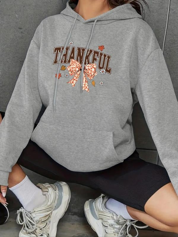Women'WB shield Letter & Leopard Bow Print Drop Shoulder Drawstring TNF Lined Hoodie, Fashion Casual Kangaroo Pocket...