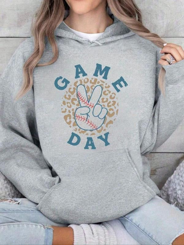 Women'WB shield Letter & Leopard Print Drop Shoulder Hoodie, Fashion Casual Drawstring Pocket Hooded Sweatshirt for Daily Holiday Outdoor Wear, Women Clothing for Fall & Winter