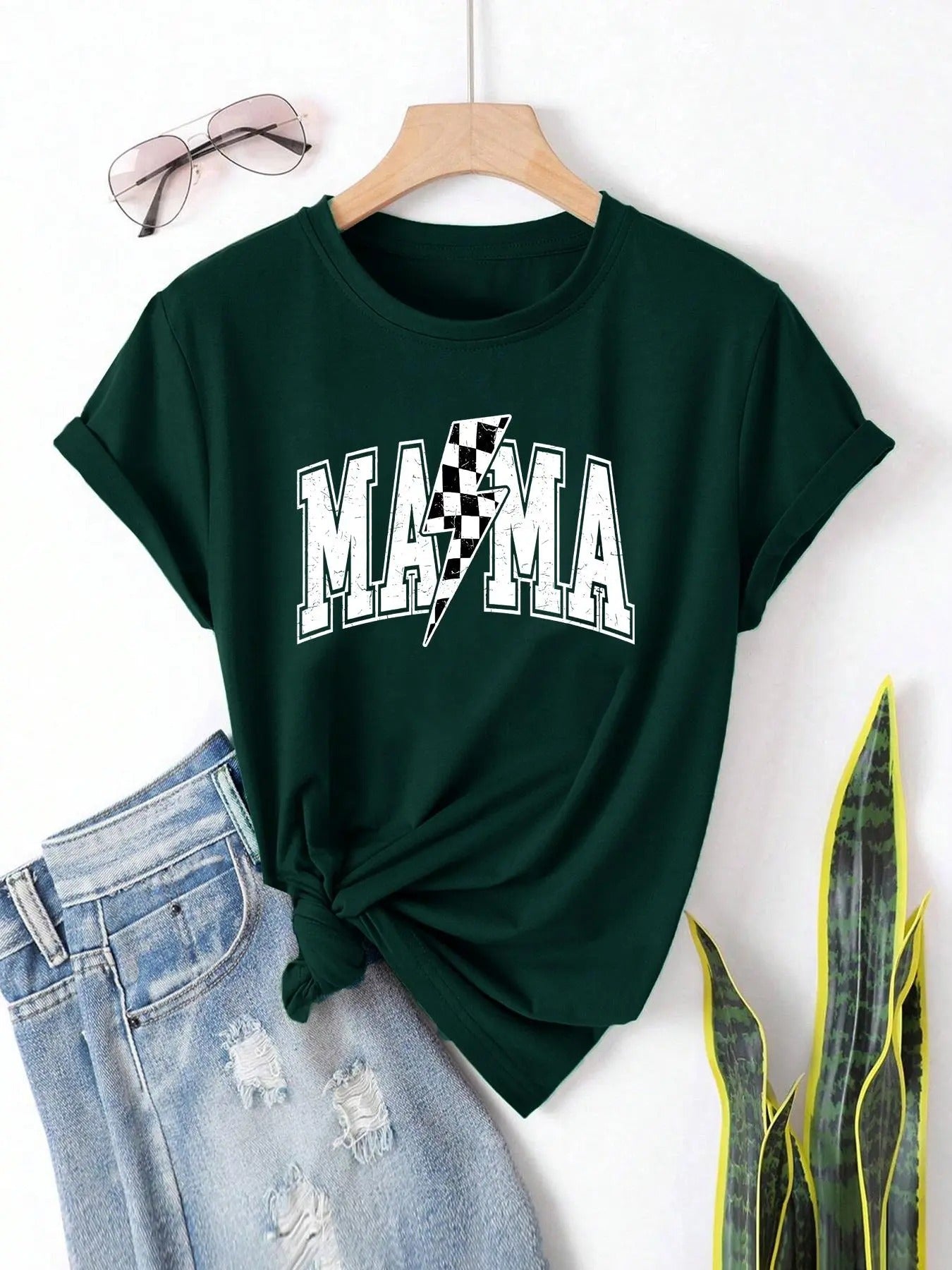 Women'WB shield Letter & Lightning Print Round Neck Tee, Casual Short Sleeve Crew Neck T-shirt for Daily Wear, Ladies...