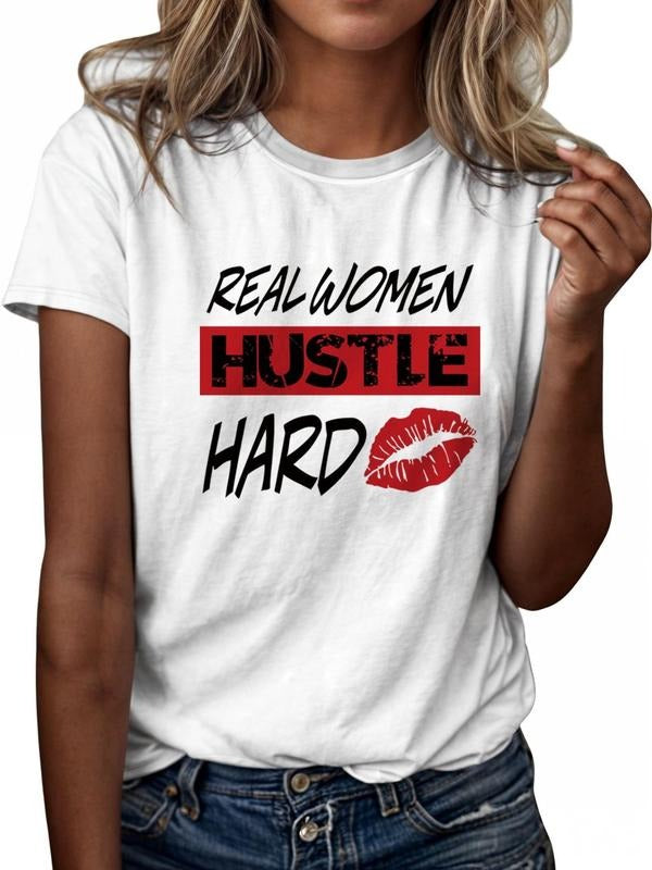 Women'WB shield Letter & Lip Print Crew Neck Tee, Fashion Graphic Short Sleeve T-Shirt, Ladies TNF for Spiky hair...