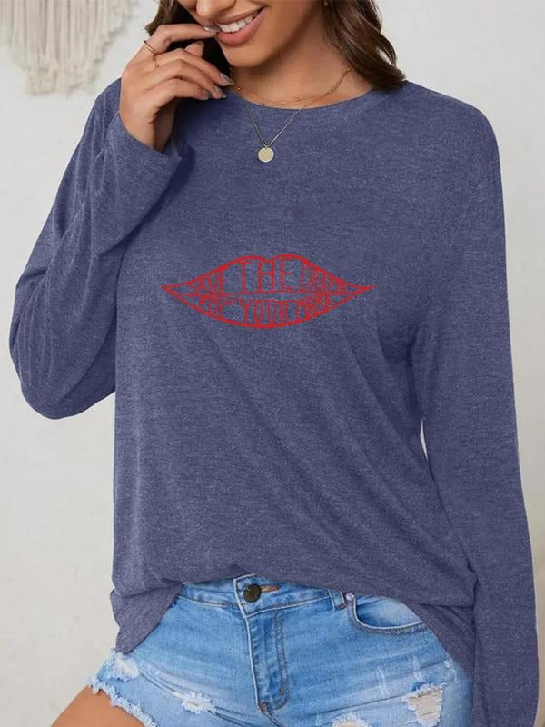 Women'WB shield Letter & Lip Print Drop Shoulder Tee, Casual Long Sleeve Round Neck T-shirt for Fall & Winter, Women'WB...