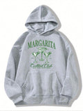 Women'WB shield Letter & Margarita Print Drop Shoulder Hoodie, Fashion Casual Drawstring Pocket Hooded Sweatshirt for Daily Holiday Outdoor Wear, Women Clothing for Fall & Winter