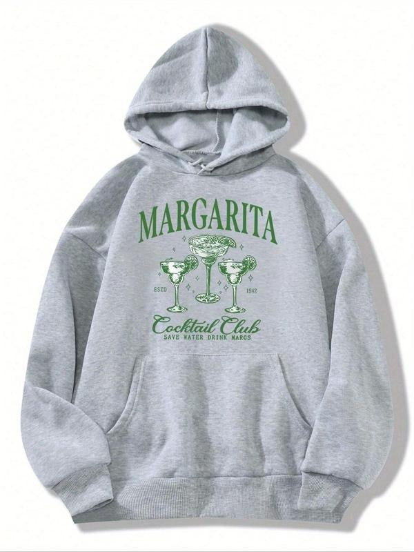 Women'WB shield Letter & Margarita Print Drop Shoulder Hoodie, Fashion Casual Drawstring Pocket Hooded Sweatshirt for Daily Holiday Outdoor Wear, Women Clothing for Fall & Winter