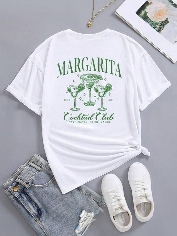 Women'WB shield Letter & Margarita Print Round Neck Tee, Casual Half Sleeve T-shirt for Summer, Ladies TNF for Daily Wear...
