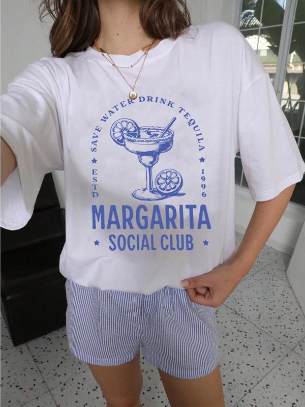 Women'WB shield Letter & Margarita Print Round Neck Tee, Casual Short Sleeve Crew Neck T-shirt for Summer, Fashion...