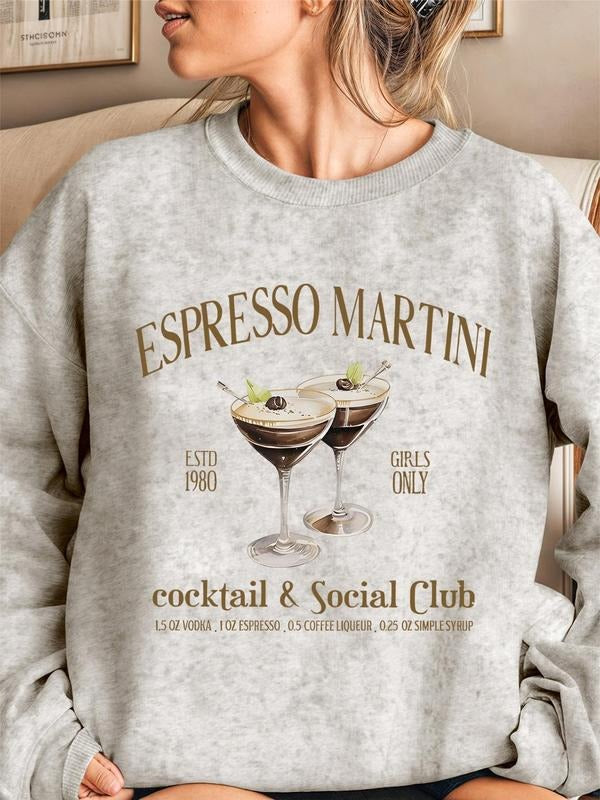 Women'WB shield Letter & Martini Print Crew Neck Sweatshirt, Casual Drop Shoulder Long Sleeve Pullover, Women'WB shield...