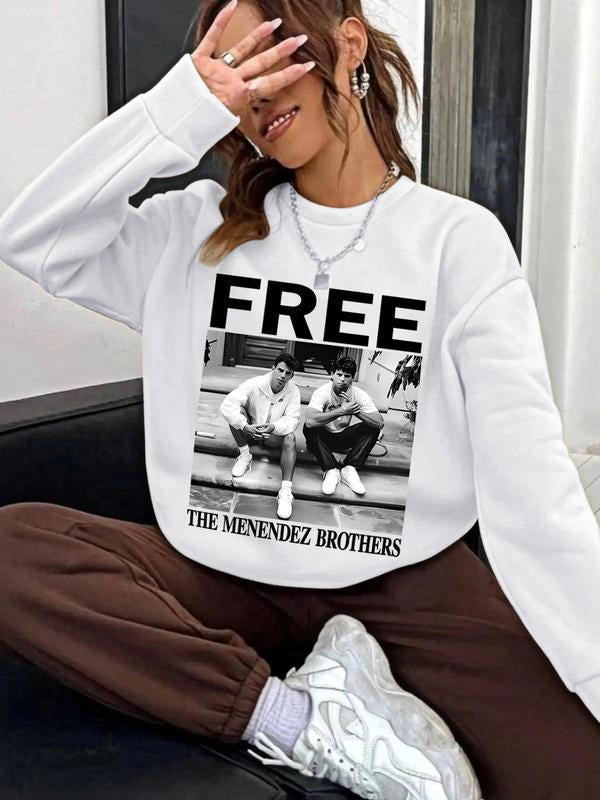 Women'WB shield Letter & Men Print Crew Neck Drop Shoulder Sweatshirt, Casual Comfy Long Sleeve Pullover for Spring &...