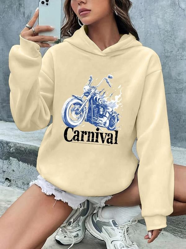 Women'WB shield Letter & Motorcycle Print Drop Shoulder Hoodie, Fashion Casual Hooded Sweatshirt for Daily Holiday...