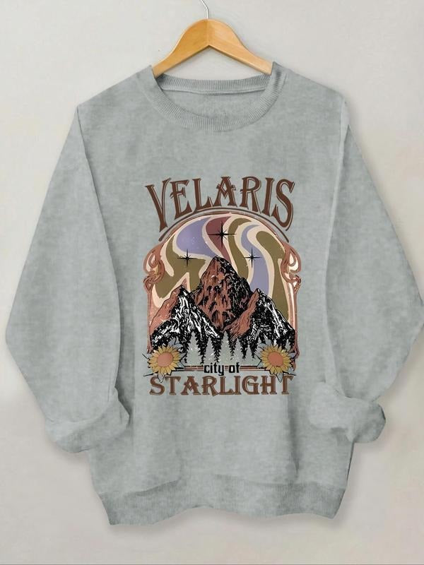 Women'WB shield Letter & Mountain Print Crew Neck Sweatshirt, Casual Long Sleeve Pullover for Daily Wear, Women'WB shield...