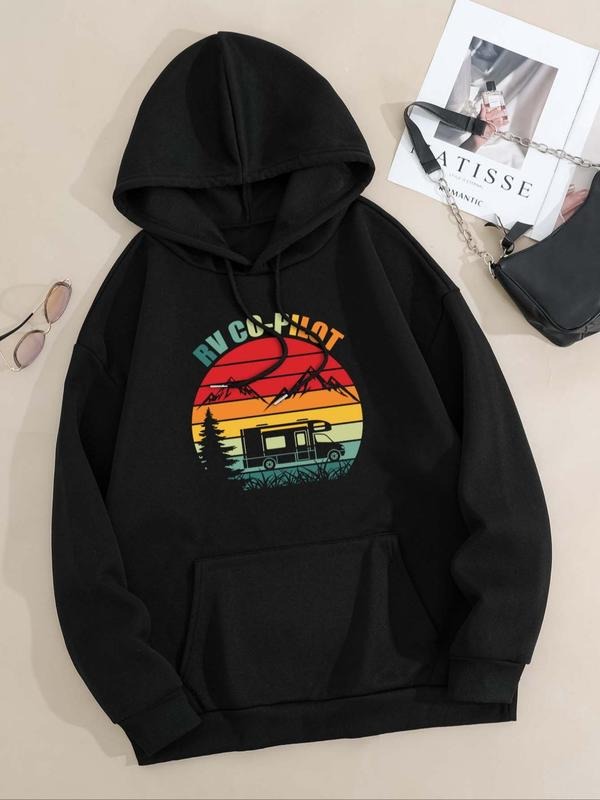 Women'WB shield Letter & Mountain Print Drop Shoulder Hoodie, Fashion Casual Drawstring Pocket Hooded Sweatshirt for...