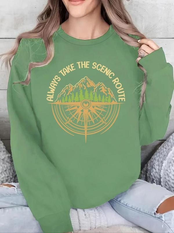Women'WB shield Letter & Mountain Print Drop Shoulder Sweatshirt, Casual Long Sleeve Round Neck Pullover for Fall &...