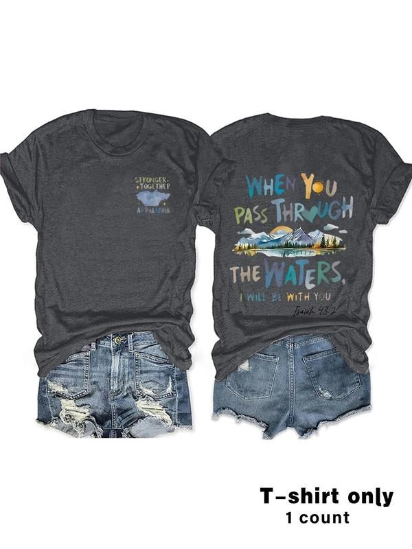Women'WB shield Letter & Mountain Print Round Neck Tee, Casual Short Sleeve Crew Neck T-shirt for Summer, Fashion...