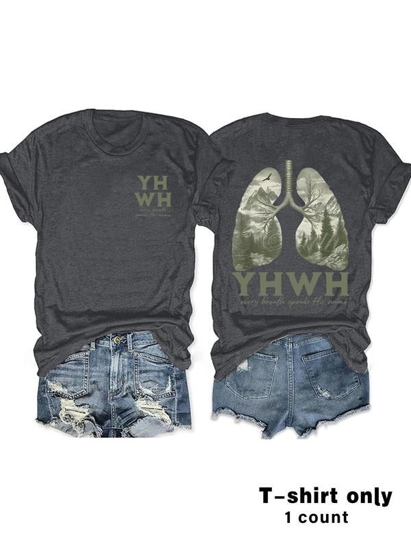 Women'WB shield Letter & Mountain Print Round Neck Tee, Casual Short Sleeve Crew Neck T-shirt for Summer, Fashion...