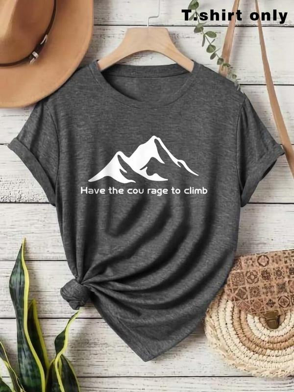 Women'WB shield Letter & Mountain Print Round Neck Tee, Casual Short Sleeve T-shirt for Summer, Ladies TNF for Daily Wear...