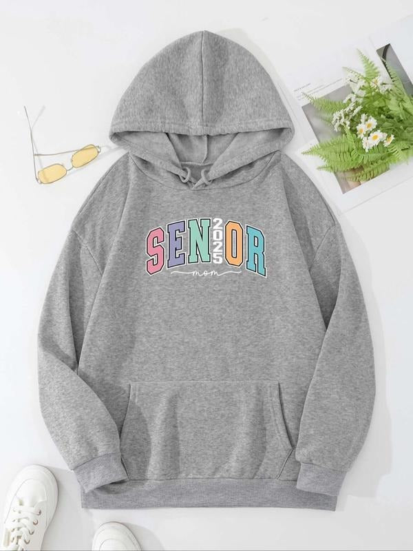 Women'WB shield Letter & Number Print Drawstring Pocket Hoodie, Casual Long Sleeve Hooded Sweatshirt for Fall & Winter,...