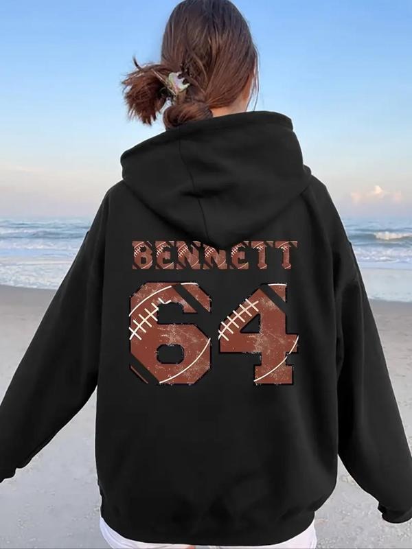 Women'WB shield Letter & Number Print Drop Shoulder Fleece Hoodie, Fashion Casual Drawstring Pocket Hooded Sweatshirt for...