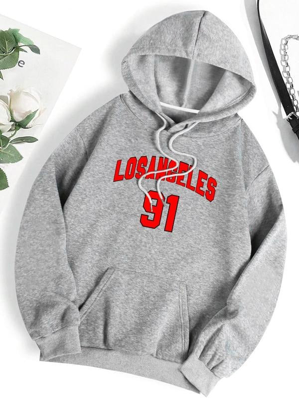 Women'WB shield Letter & Number Print Drop Shoulder Hoodie, Fashion Casual Drawstring Pocket Hooded Sweatshirt for Daily...