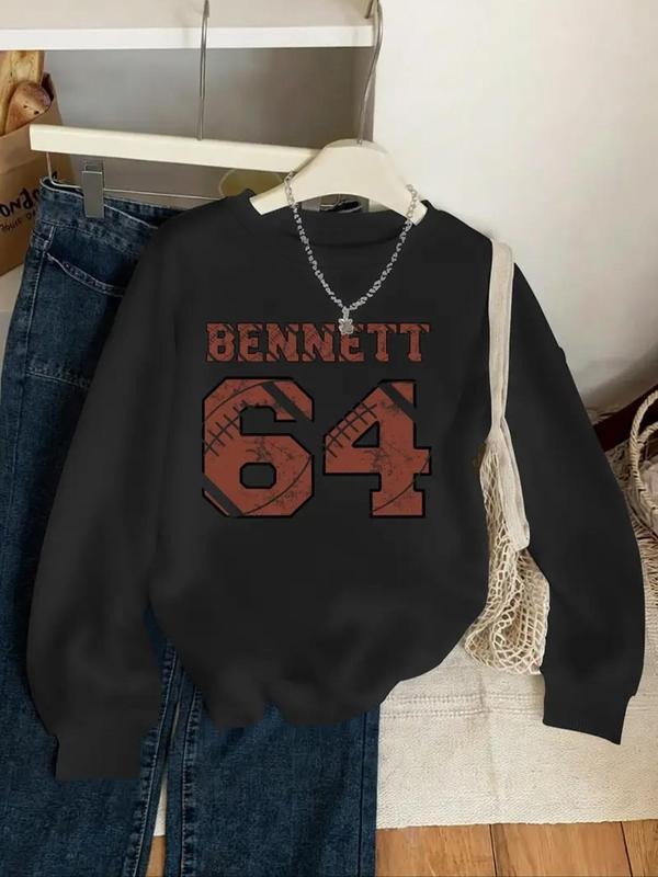 Women'WB shield Letter & Number Print Drop Shoulder Sweatshirt, Casual Long Sleeve Round Neck Pullover for Fall & Winter,...