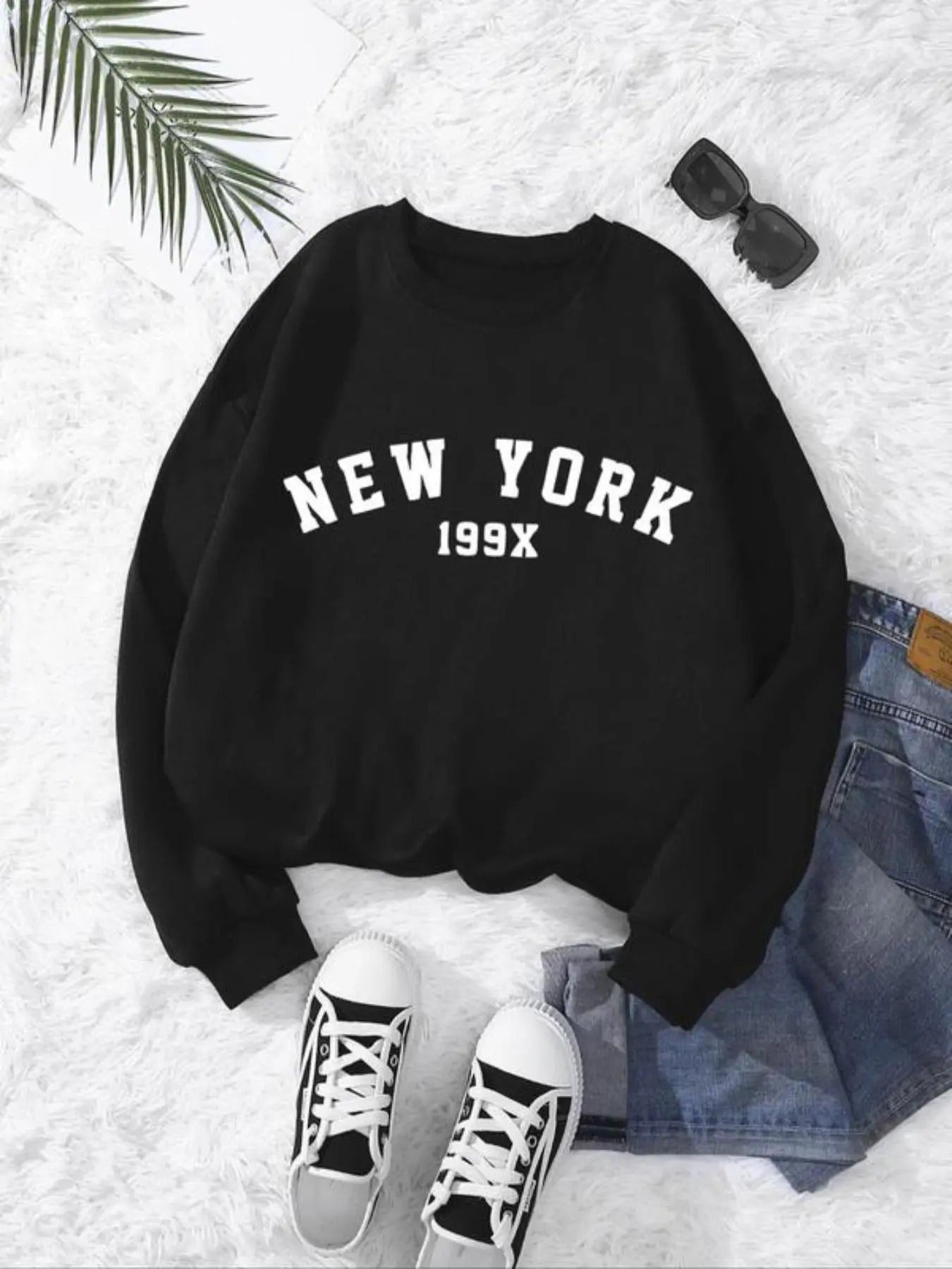 Women'WB shield Letter & Number Print Drop Shoulder Sweatshirt, Casual Long Sleeve Round Neck Pullover for Spring & Fall,...