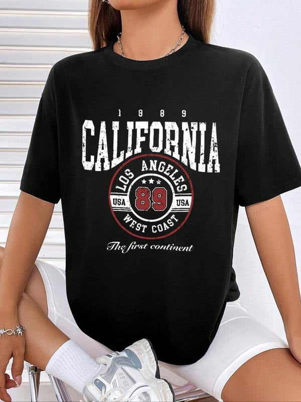 Women'WB shield Letter & Number Print Round Neck Graphic Tee, Vintage Trendy Casual Drop Shoulder Short Sleeve T-shirt...