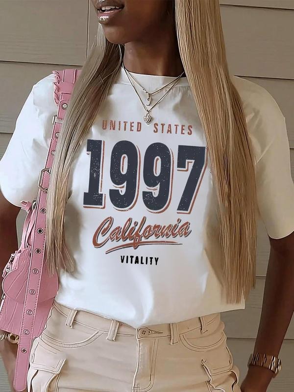 Women'WB shield Letter & Number Print Round Neck Tee, Vintage Trendy Casual Short Sleeve T-shirt for Daily Wear, Ladies Summer Tops