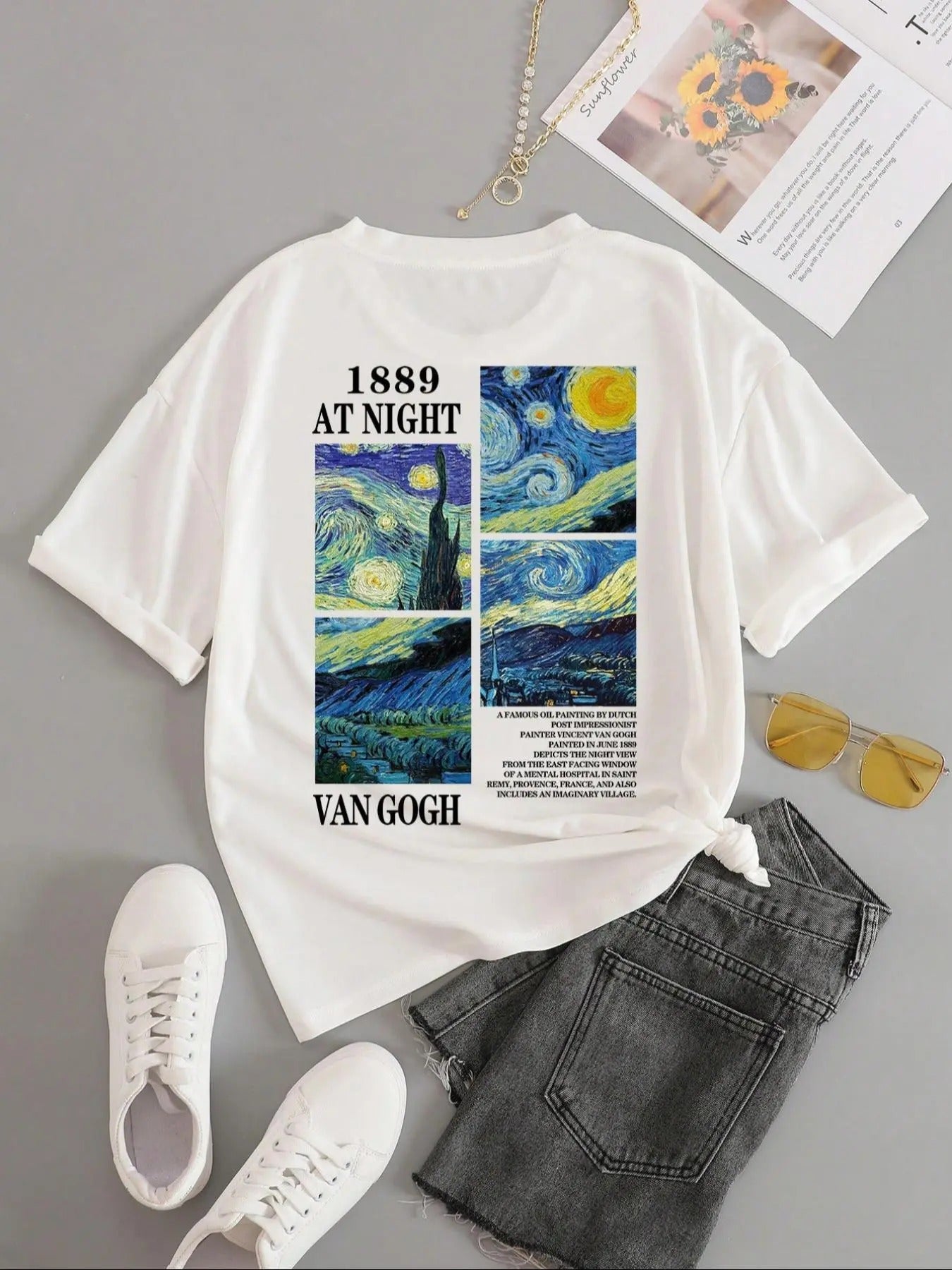 Women'WB shield Letter & Oil Painting Print Round Neck Graphic Tee, Casual Short Sleeve Crew Neck T-shirt for Summer,...