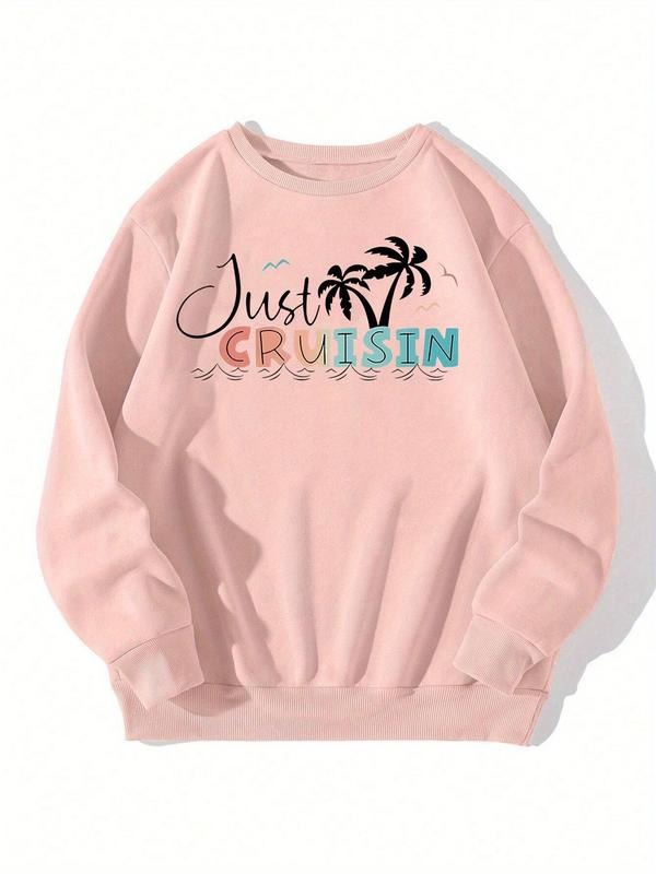 Women'WB shield Letter & Palm Tree Print Crew Neck Sweatshirt, Casual Long Sleeve TNF Lined Pullover for Fall & Winter,...