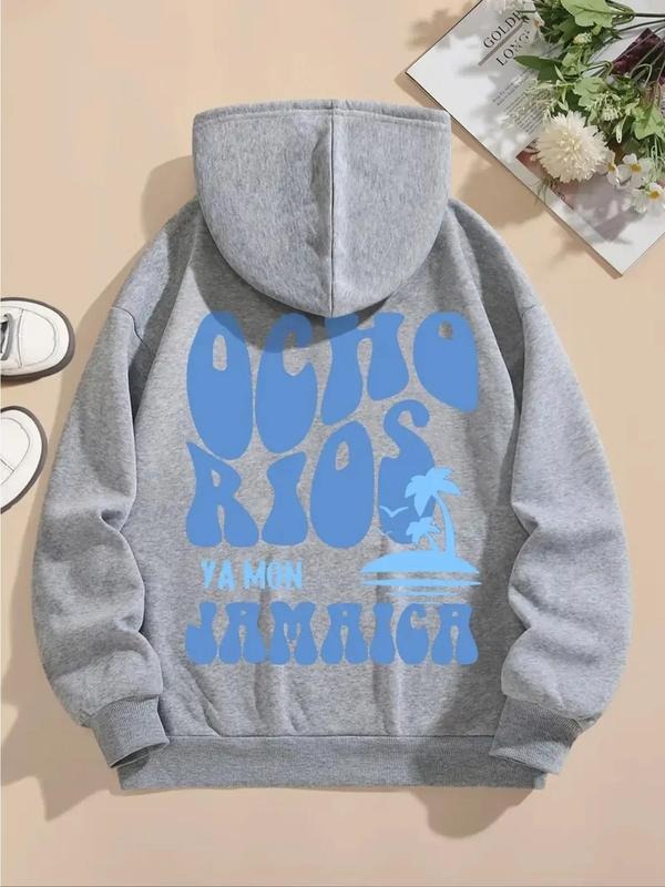 Women'WB shield Letter & Palm Tree Print Drop Shoulder Hoodie, Fashion Casual Drawstring Pocket Hooded Sweatshirt for...