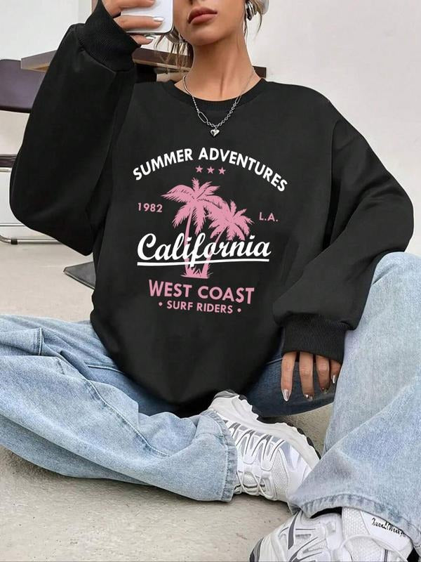 Women'WB shield Letter & Palm Tree Print Drop Shoulder Pullover, Casual Long Sleeve Crew Neck Sweatshirt for Fall &...
