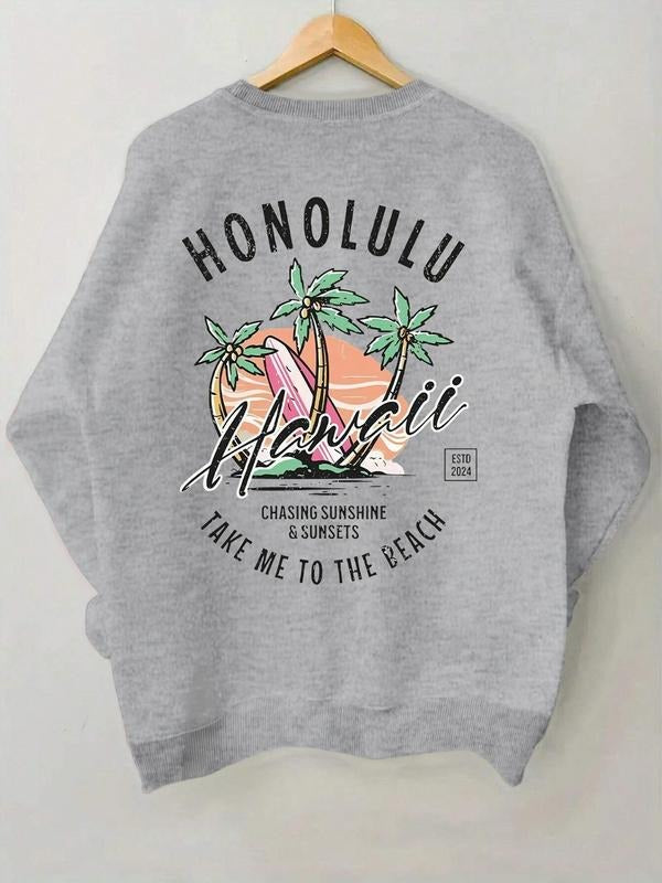 Women'WB shield Letter & Palm Tree Print Drop Shoulder Sweatshirt, Casual Long Sleeve Round Neck Pullover for Fall &...