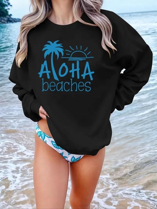 Women'WB shield Letter & Palm Tree Print Pullover Sweatshirt, Casual Long Sleeve Crew Neck Sweatshirt for Fall & Winter,...